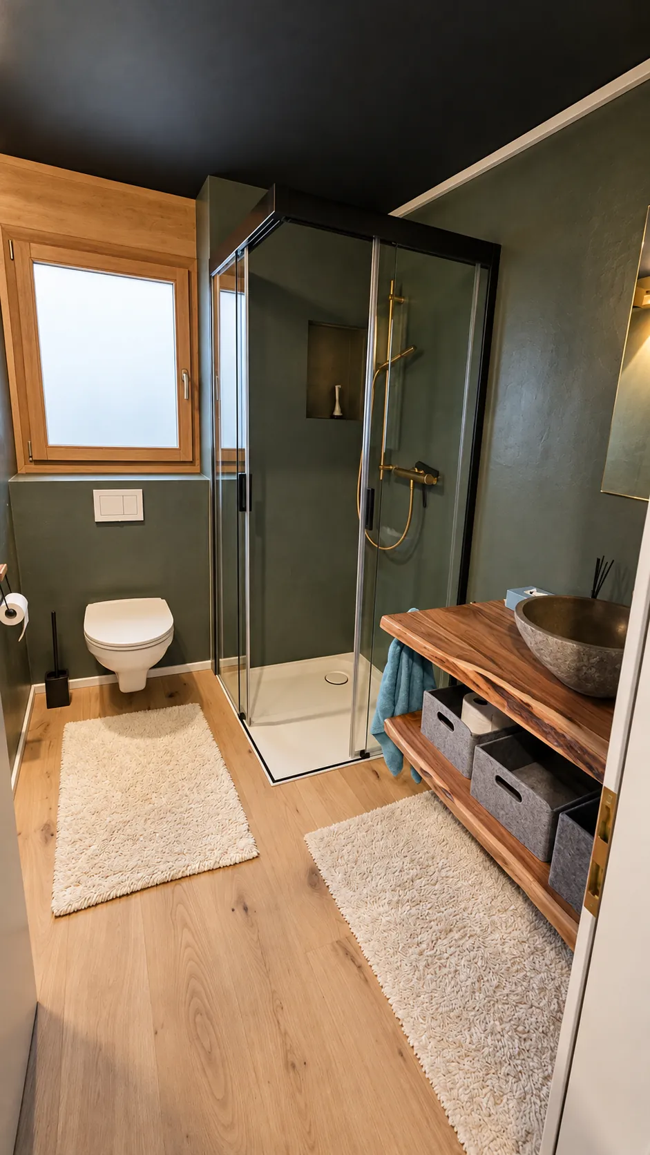 Bad mit Steinbecken, Naturholz und Dusche